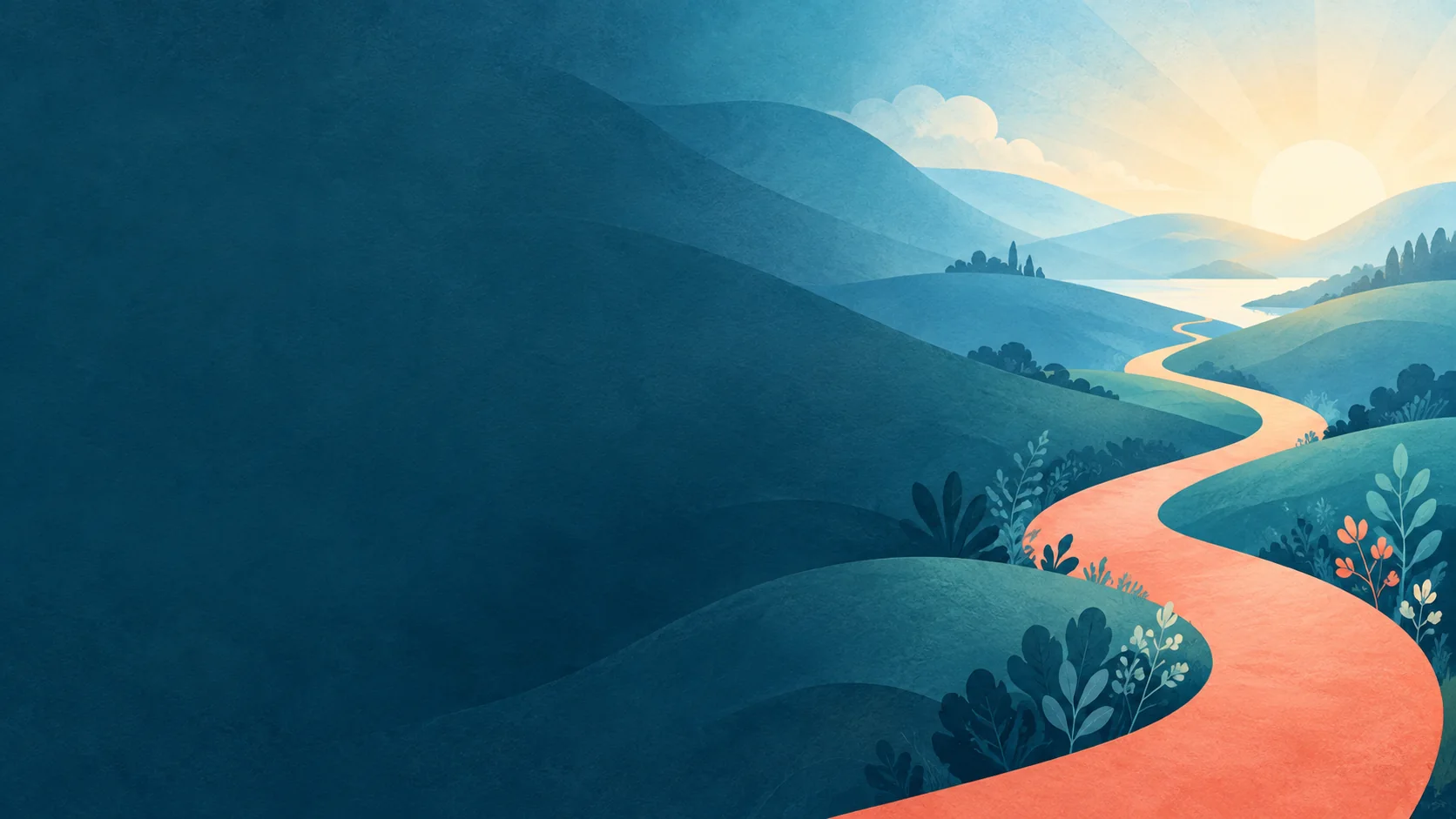 Ilustración de un camino hacia un horizonte luminoso